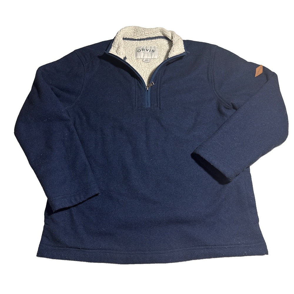 Orvis Mens M Blue Ribbed Knit Sherpa Lined Quarter Zip Pullover Sweater Classic